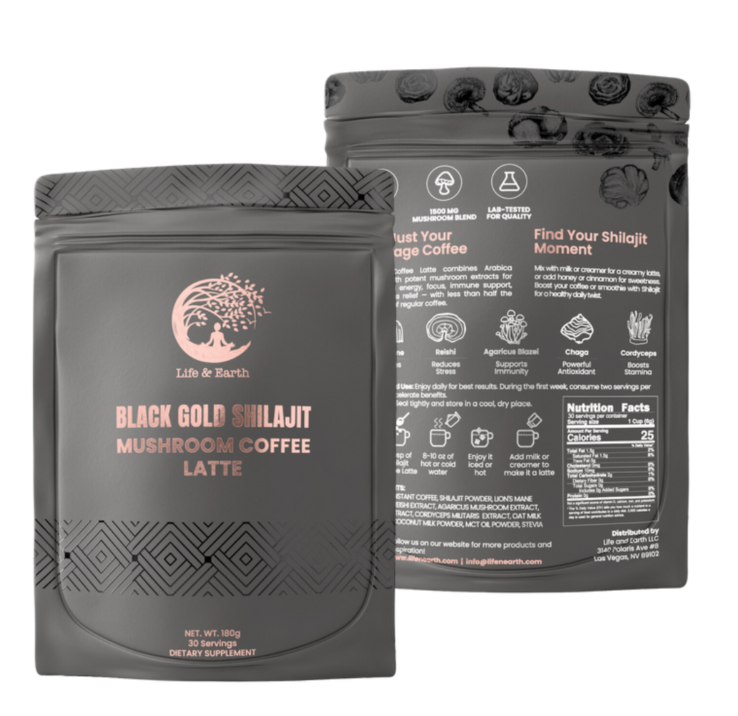 Black Gold Shilajit Mushroom Latte – Adaptogen Superfood Drink for Energy & Vitality